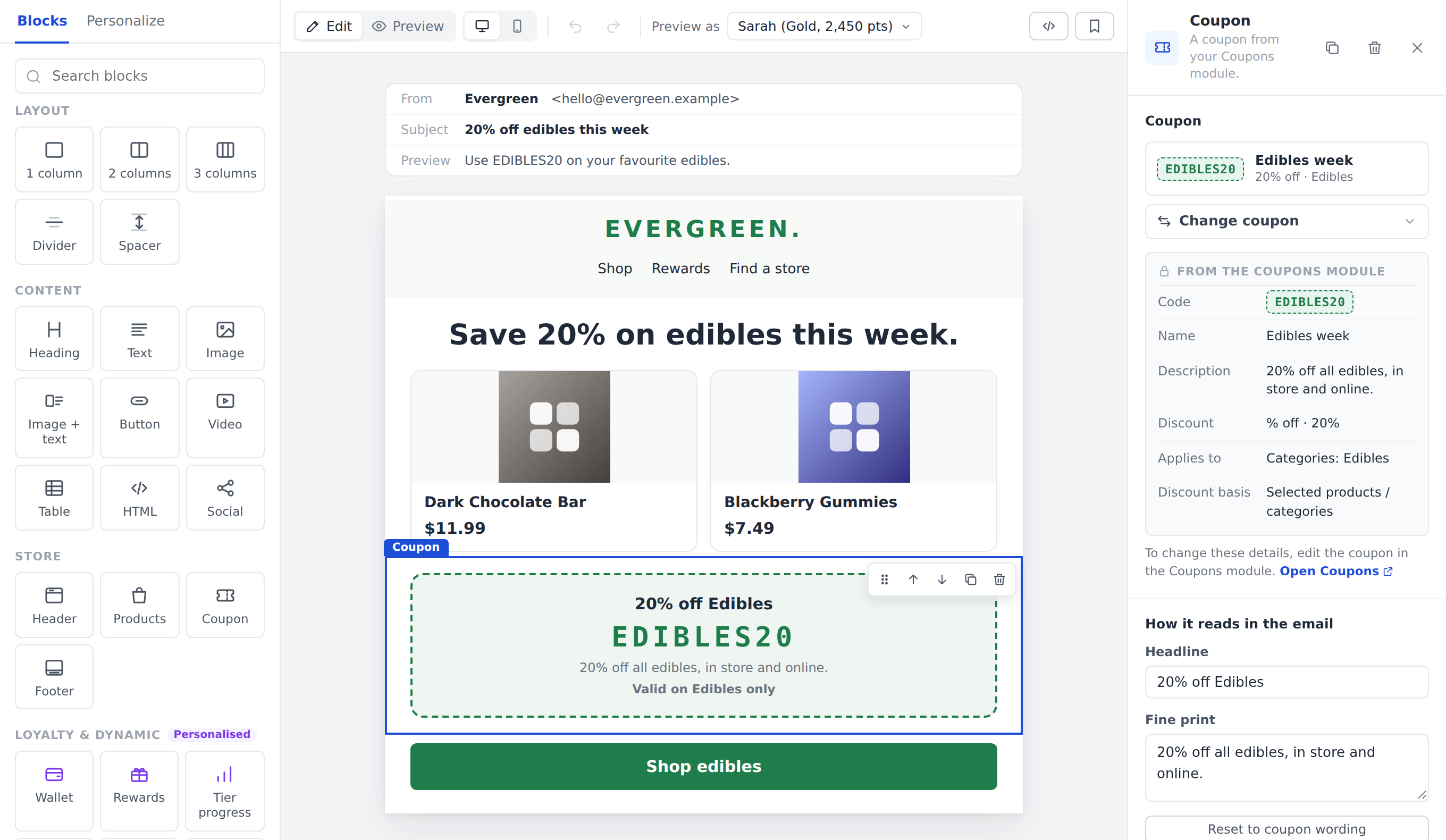 Coupons inside the Breadstack visual email builder
