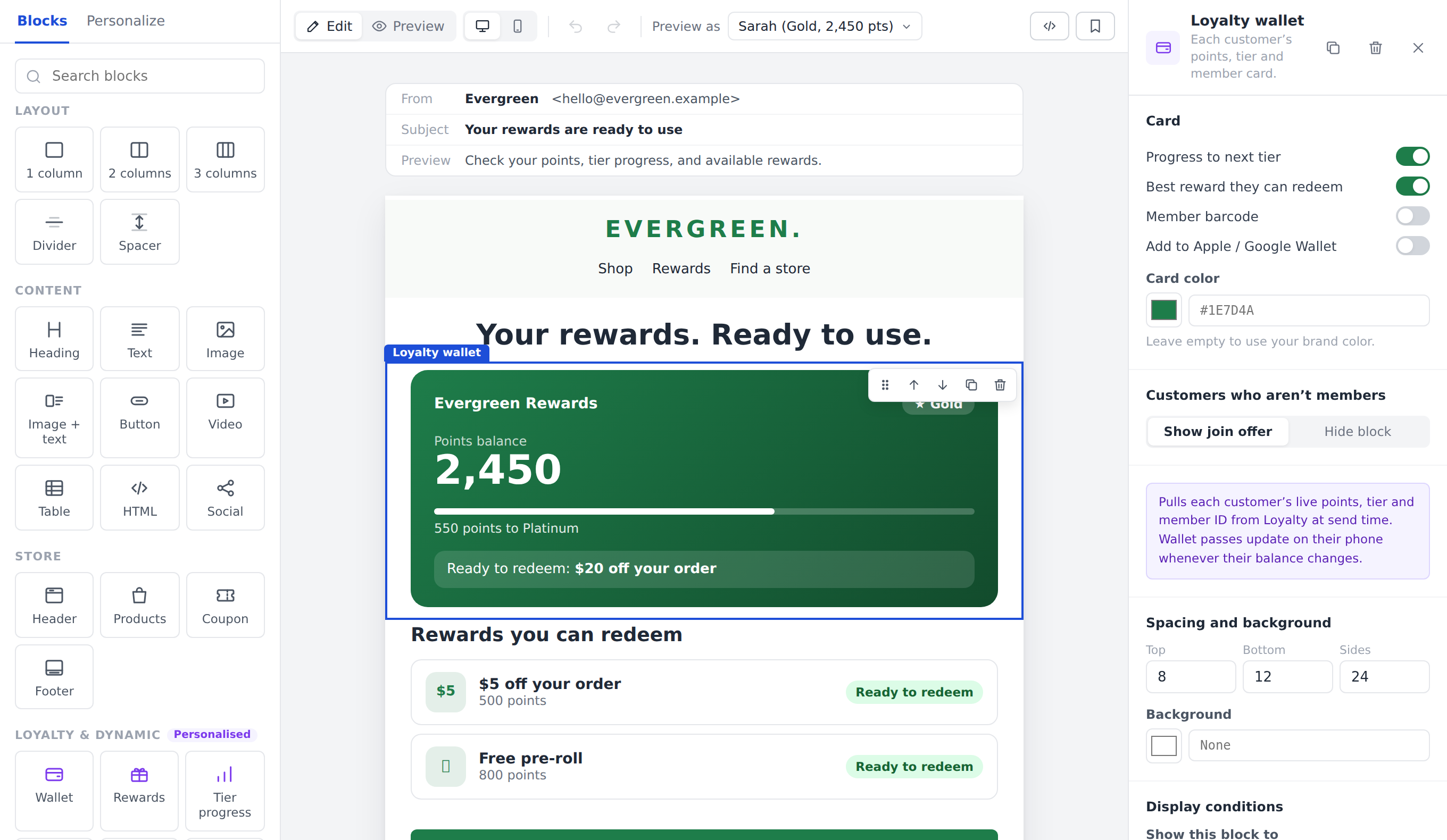 Loyalty inside the Breadstack visual email builder
