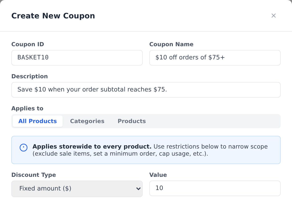 Coupon creation with storewide eligibility