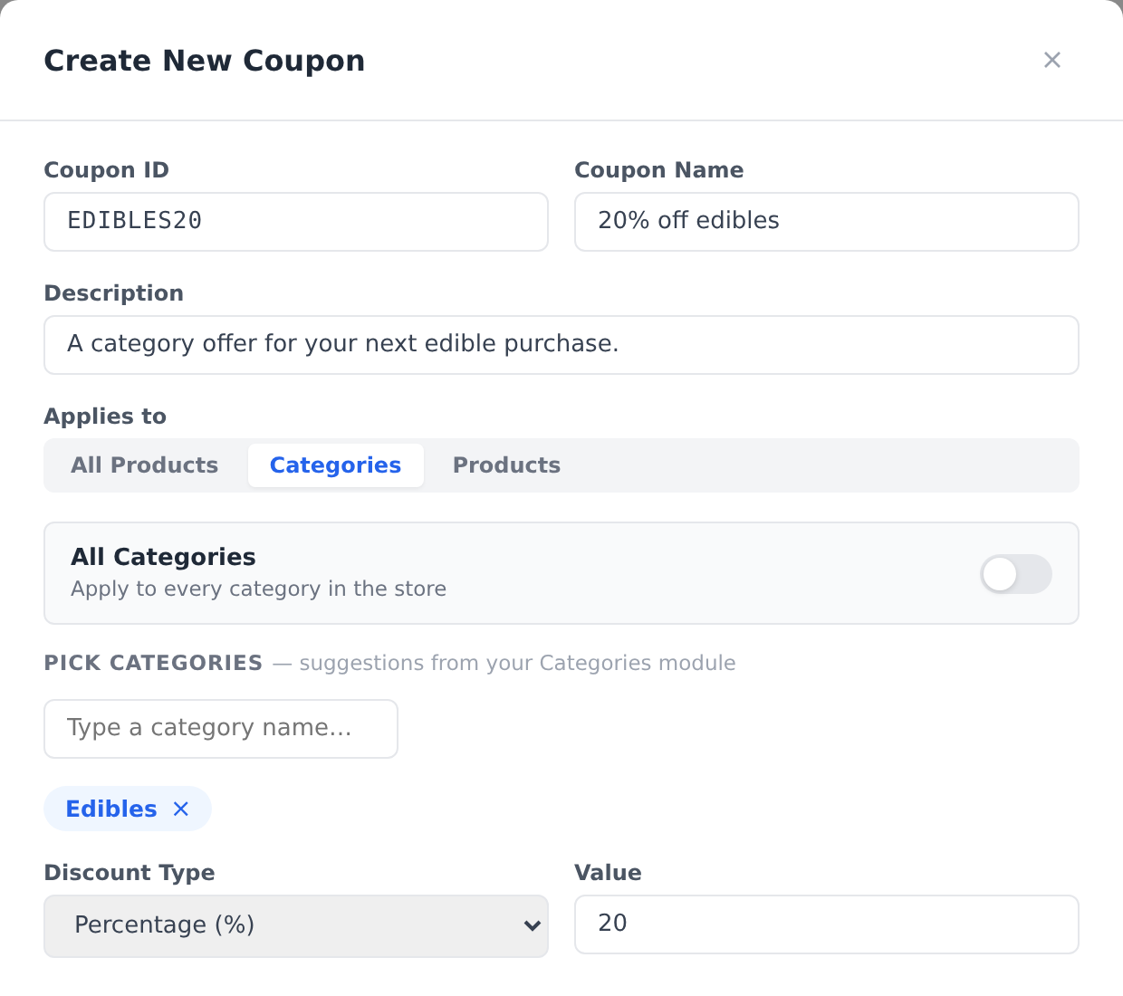 Coupon creation with categories eligibility