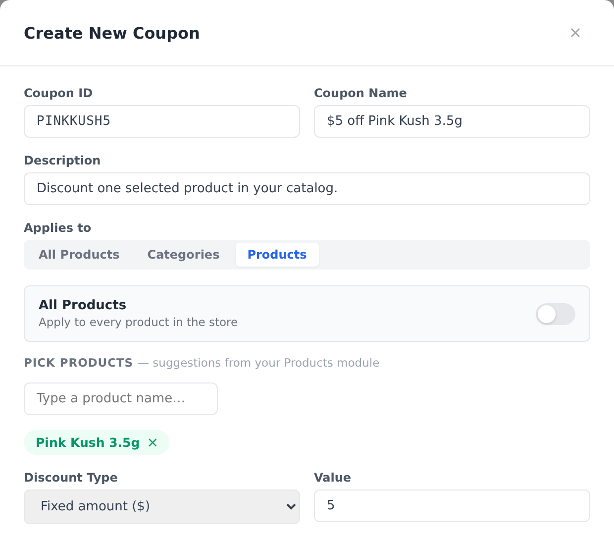Coupon creation with selected products eligibility